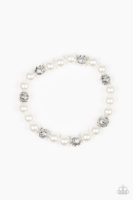 Poised For Perfection - White Pearly Beads Stretchy Bracelet