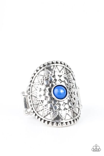 Mojave Rays - Blue Bead Silver Sunburst Pattern Wide Band Ring