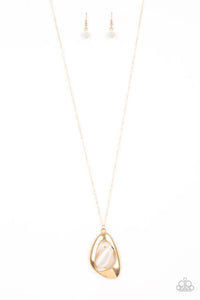 Asymmetrical Bliss - Gold Frame White Cat's Eye Stone Long Necklace