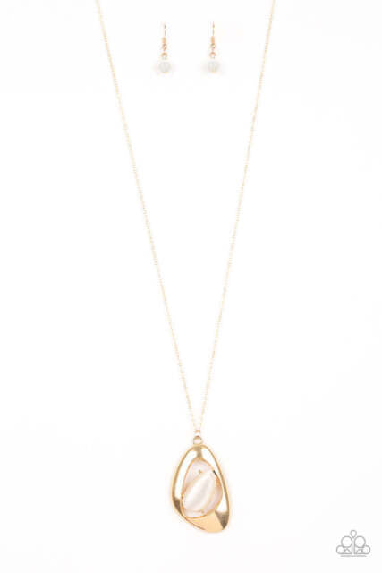 Asymmetrical Bliss - Gold Frame White Cat's Eye Stone Long Necklace