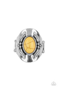 Santa Fe Sanctuary - Yellow Stone Silver Leafy Floral Accents Wide Band Ring