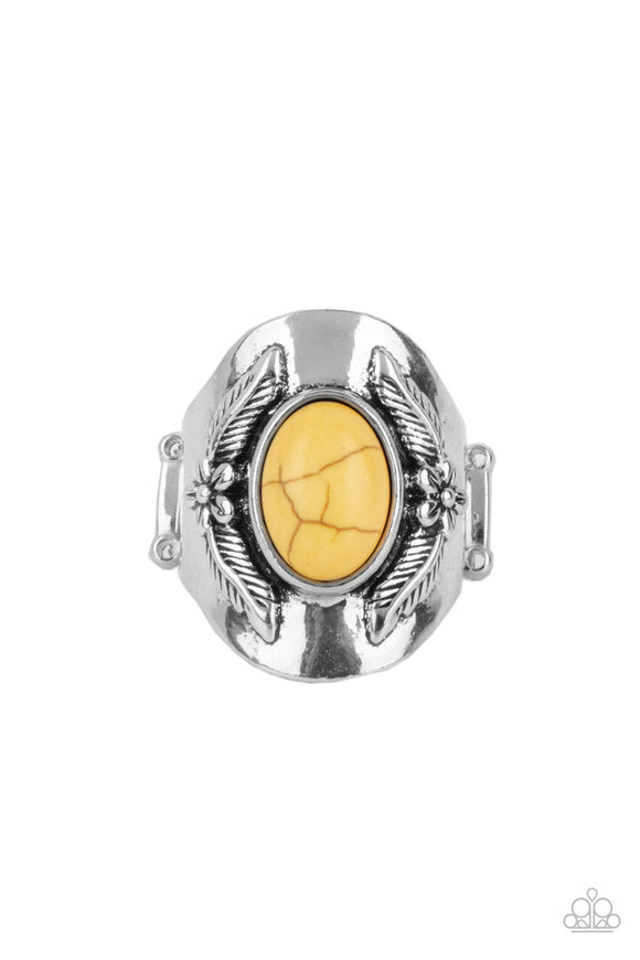 Santa Fe Sanctuary - Yellow Stone Silver Leafy Floral Accents Wide Band Ring