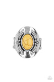 Santa Fe Sanctuary - Yellow Stone Silver Leafy Floral Accents Wide Band Ring