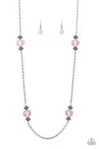 season of Sparkle - Pink Glassy Gems and Ornate Silver Beads Long Necklace