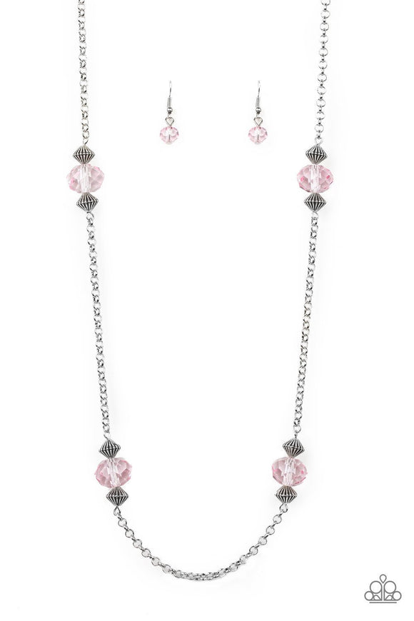 season of Sparkle - Pink Glassy Gems and Ornate Silver Beads Long Necklace