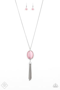 Tasseled Tranquility - Pink - Orange Oversized Cat's Eye Stone with Silver Tassels Long Necklace FF Necklace