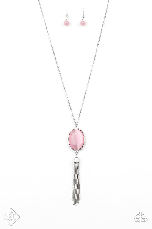 Tasseled Tranquility - Pink - Orange Oversized Cat's Eye Stone with Silver Tassels Long Necklace FF Necklace