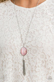 Tasseled Tranquility - Pink - Orange Oversized Cat's Eye Stone with Silver Tassels Long Necklace FF Necklace