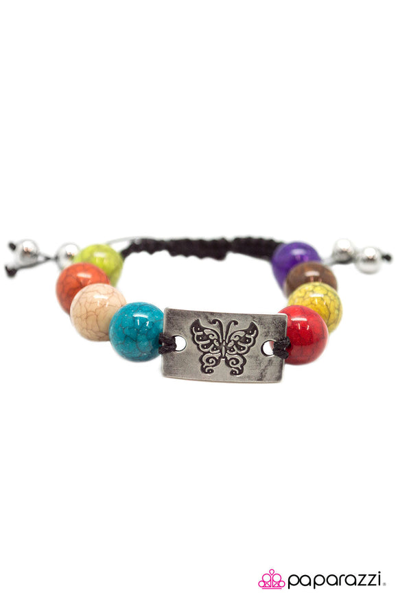 The Butterfly Effect - Multicolored Marble-Like Stones/Butterfly Engraved Urban Tie Bracelet