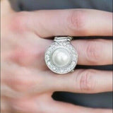 Vow to Wow - White Oversized Pearly Bead White Rhinestones Wide Band Ring