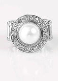 Vow to Wow - White Oversized Pearly Bead White Rhinestones Wide Band Ring